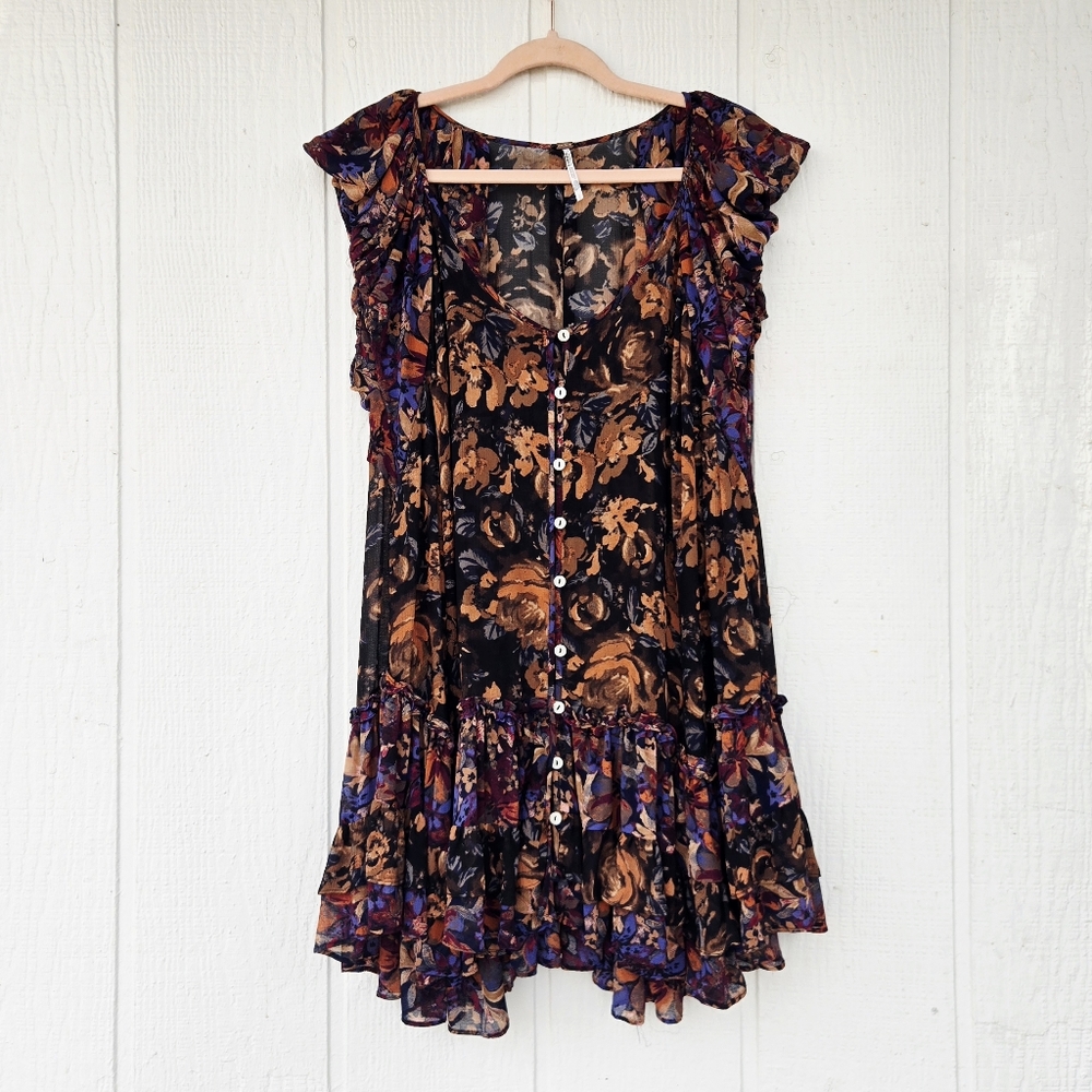 Free People Peasant Boho Floral Sheer Ruffled Button Down Mini Black Small